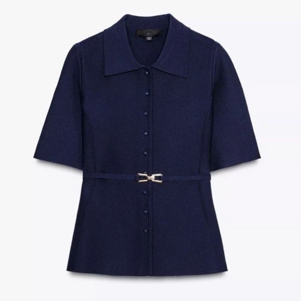 Zara Jacket Sweater Top Knit Blue Navy Belt Button Up Women S New 9598/054